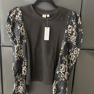 Anthropologie Black Floral Lace Sleeve Top